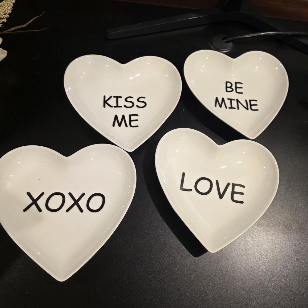 Heart-Shaped Ceramic Dishes - White with Black Text (Set of 4)